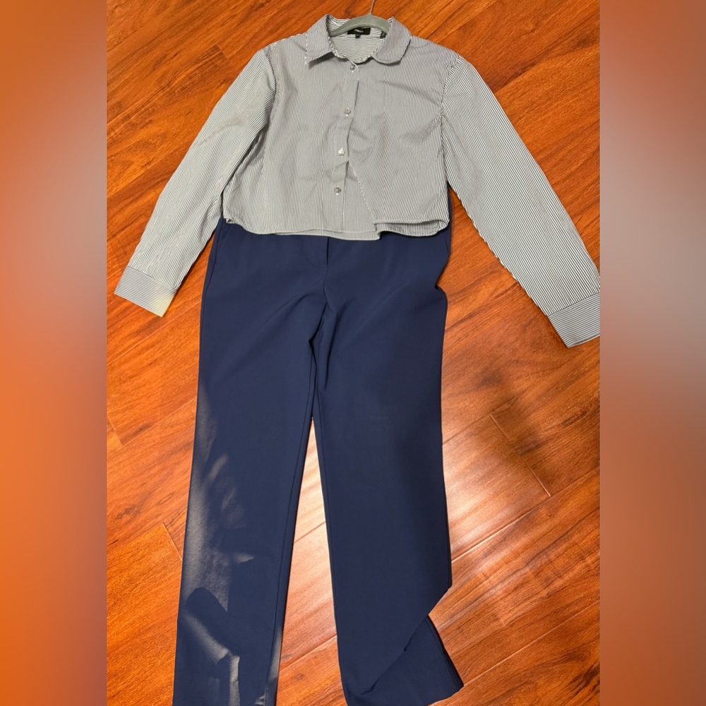 THEORY Striped Button-Up Shirt with Navy Pants
